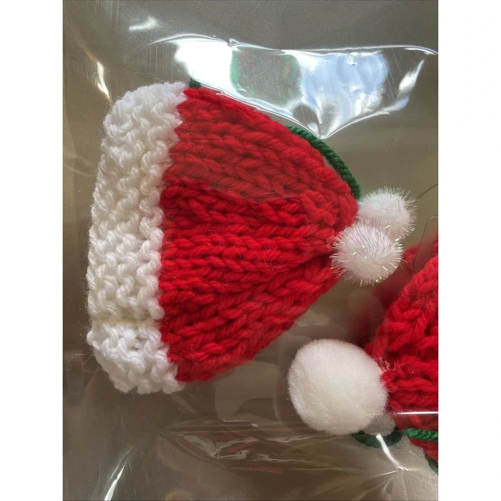 Vintage Knitted Pair Of Santa Stocking Hats Pom Pom Jingle Bell Ornament Decorat